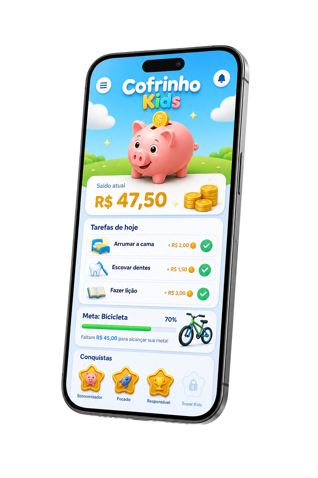 Aplicativo Cofrinho Kids exibindo tarefas, saldo e metas